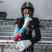 Youth Tackle Football Athlete Wearing  Showtime Kool-Aid Tropical Punch Compression Arm Sleeve and Tropical Punch Flavor Max AirFlow Lip Guard