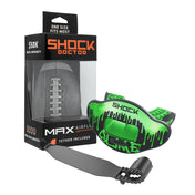 Shock Doctor 3D Slime Max AirFlow Mouthguard - Green/Black - Angle View Shown with Tether and Packaging