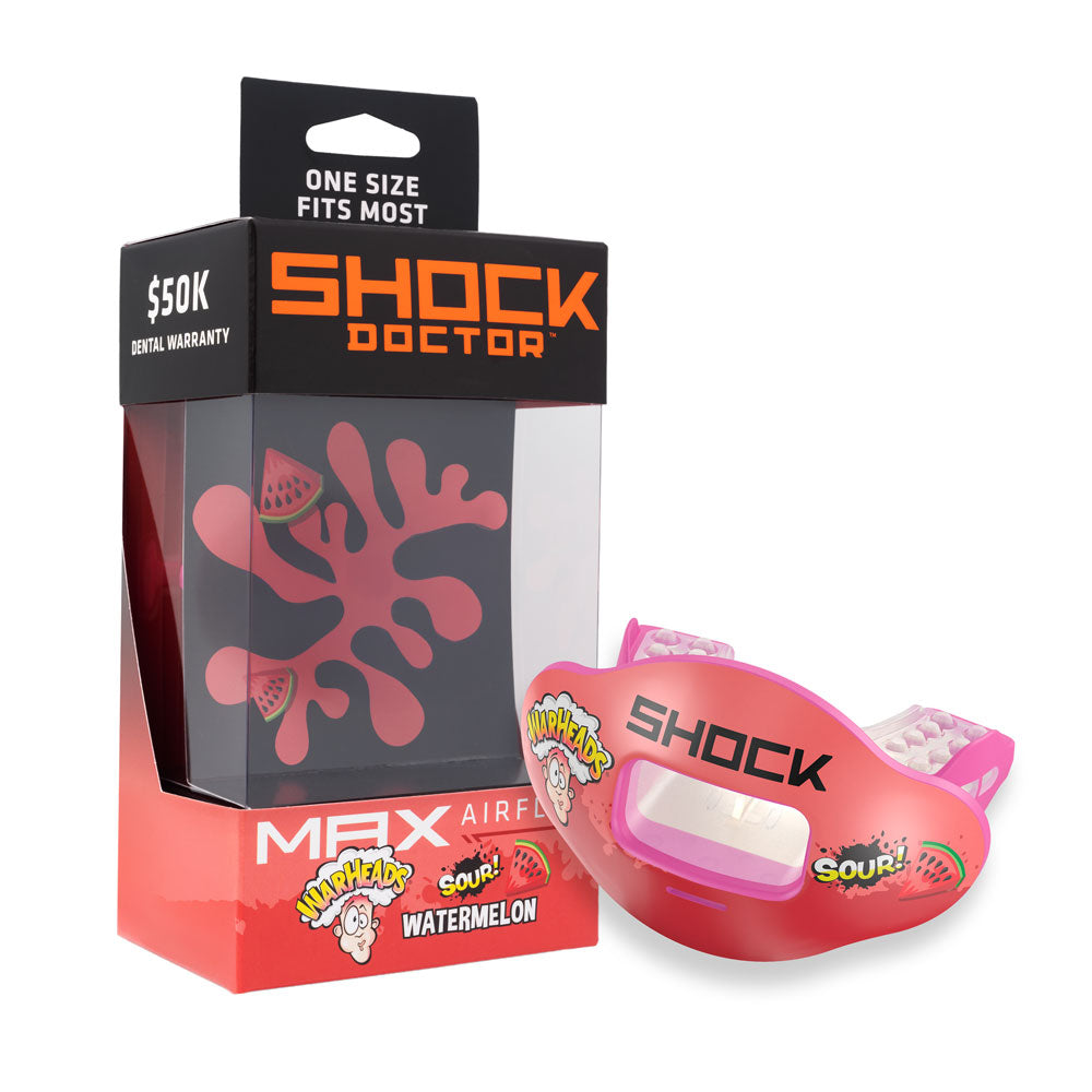 Shock Doctor Warheads Max AirFlow Football Mouthguard Packaging (Sour Watermelon Flavor) - One Size Fits Most | $50K Dental Warranty