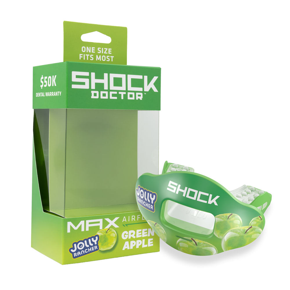 Shock Doctor Jolly Rancher Max AirFlow Football Mouthguard Packaging (Green Apple Flavor) - One Size Fits Most | $50K Dental Warranty
