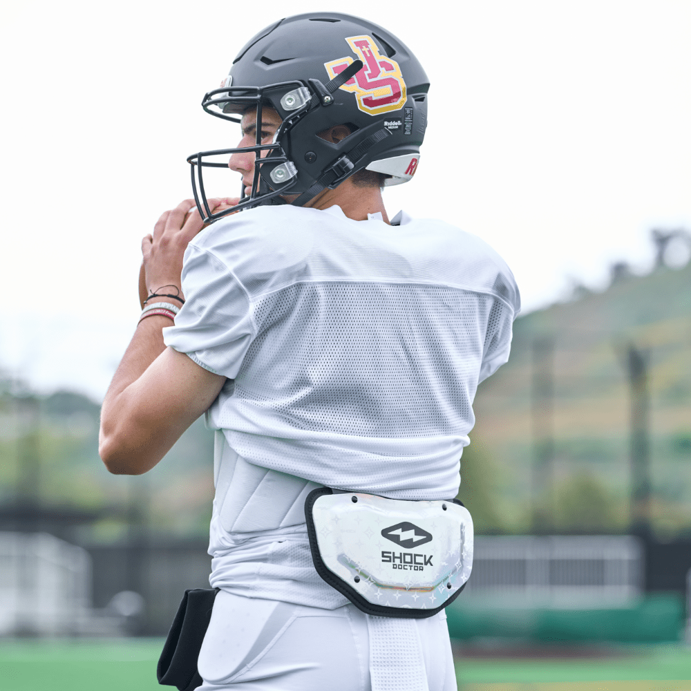 Back View of Tackle Football Athlete Wearing Shock Doctor Showtime White Practice Jersey