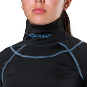 Shock Doctor Girls's/Women's Ultra Compression Hockey Long Sleeve Shirt With Integrated Neck Guard - Black - On Model - Detail View of Neck Guard on Female Hockey Player