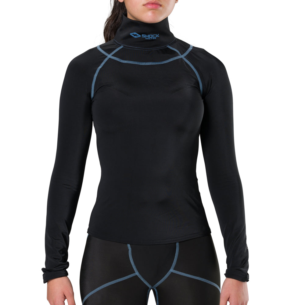Shock Doctor Girls's/Women's Ultra Compression Hockey Long Sleeve Shirt With Integrated Neck Guard - Black - On Model - Front View