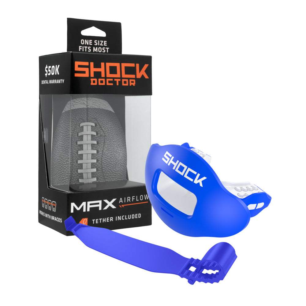 Shock Doctor Max AirFlow Football Mouthguard - Royal Blue - Front View Shown with Tether and Packaging