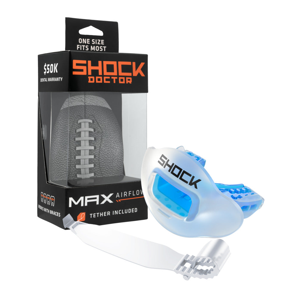 Shock Doctor Max AirFlow Football Mouthguard - Clear/Blue - Front View Shown with Tether and Packaging