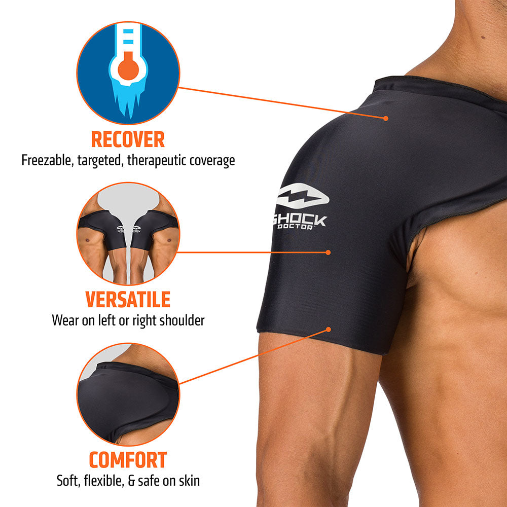 RECOVER- Freezable, targeted, therapeutic coverage;
VERSATILE- Wear on left or right shoulder;
COMFORT- Soft, flexible & safe on skin