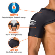 RECOVER- Freezable, targeted, therapeutic coverage;
VERSATILE- Wear on left or right shoulder;
COMFORT- Soft, flexible & safe on skin