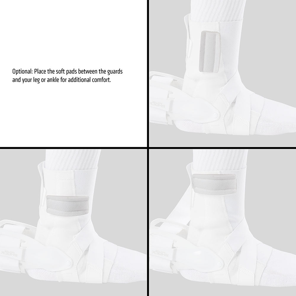 Optional: Place the soft pads between the guards and your leg or ankle for additional comfort
