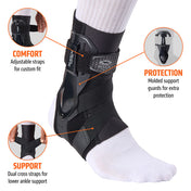 COMFORT- Adjustable straps for custom fit
PROTECTION- Molded support guards for extra protection
SUPPORT- Dual cross straps for lower ankle support