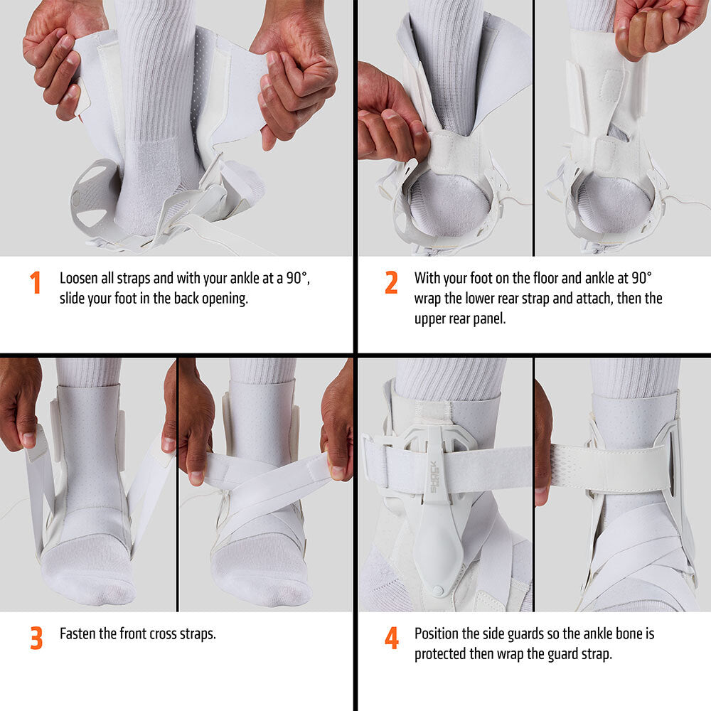 Instructions:
1) Loosen all straps and with your ankle at 90 degrees, slide your foot in the back opening
2) With your foot on the floor and ankle at 90 degrees, wrap the lower rear strap and attach, then the upper rear panel
3) Fasten the front cross straps
4) Position the side guards so the ankle bone is protected then wrap the guard strap