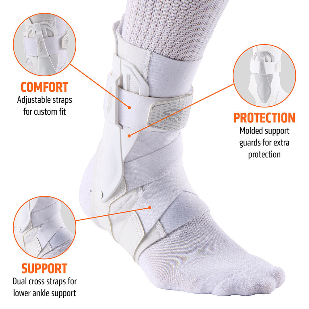 COMFORT- Adjustable straps for custom fit
PROTECTION- Molded support guards for extra protection
SUPPORT- Dual cross straps for lower ankle support