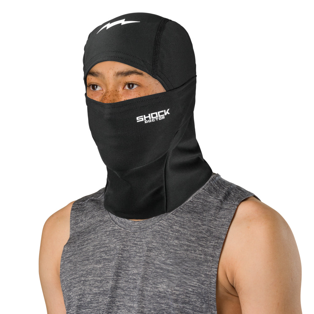 Shock Doctor Solid Black Ski Mask - Front View on Athlete
