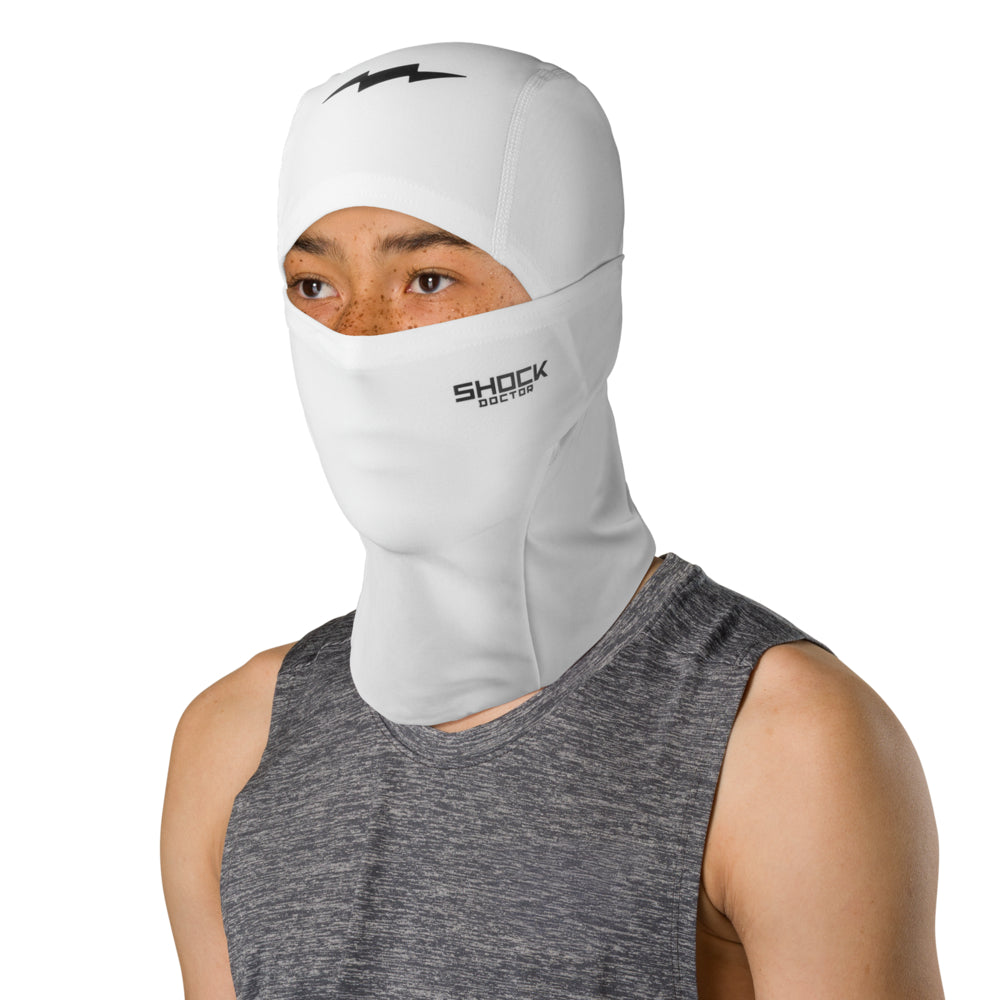 Shock Doctor Solid White Ski Mask - Front View on Athlete