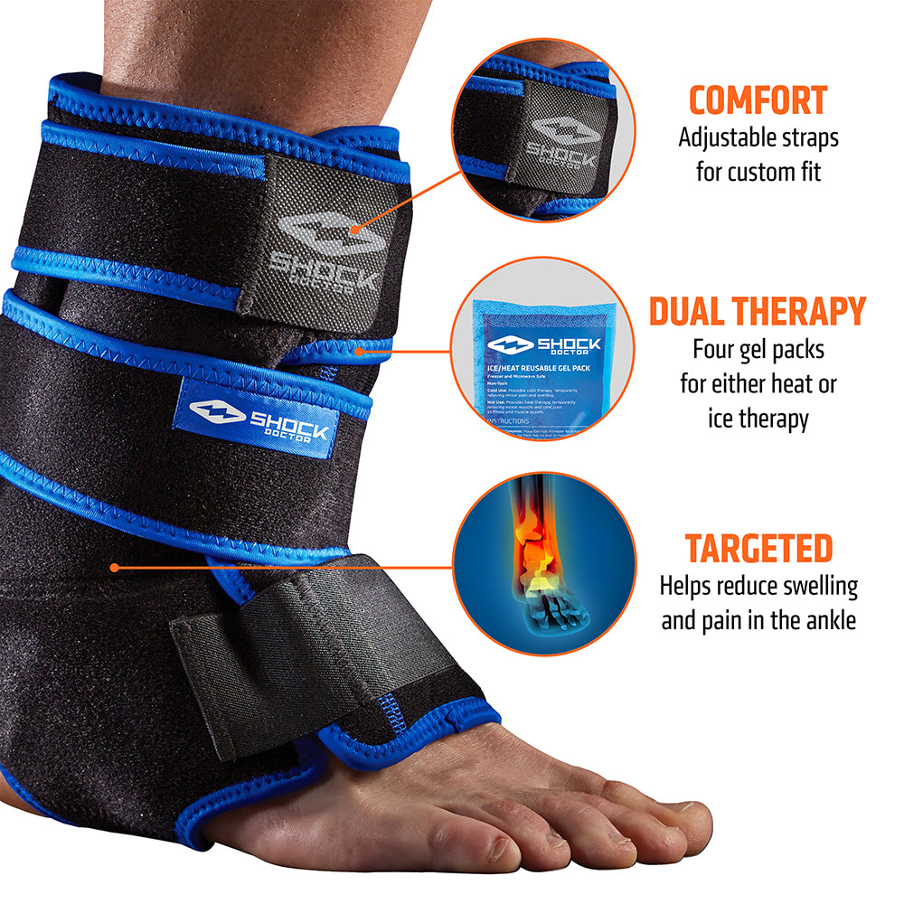 Shock Doctor Ice Recovery Compression Ankle Wrap  - Tech Specs 1) Comfort: Adjustable straps for custom fit 2) Dual Therapy: Three Gel packs for either heat or ice therapy and recovery 3) Targeted: Helps reduce swelling and pain in the ankle