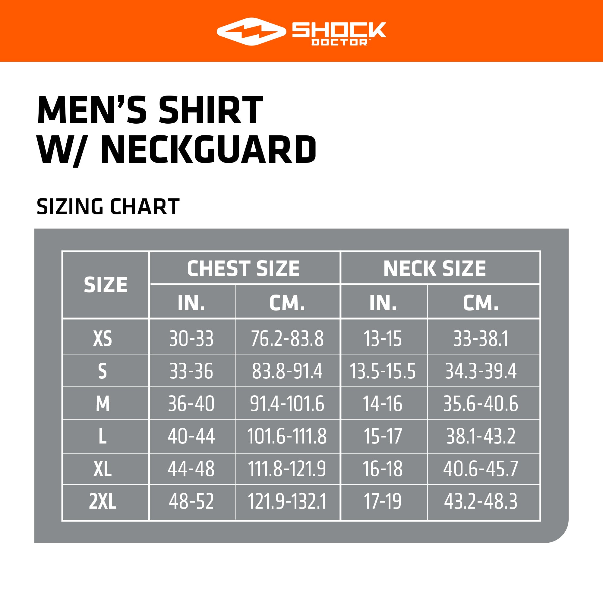 Men's Shirt with Neckguard Size Chart Image