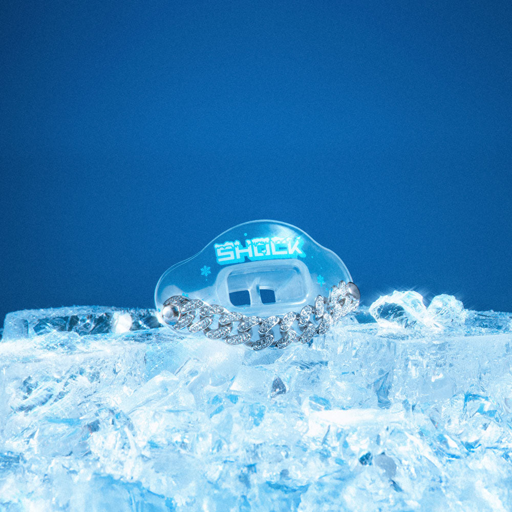 Lifestyle Image of Shock Doctor 3D Bling Chain Ice Clear Max AirFlow Football Mouthguard