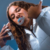 Youth 7v7 Flag Football Athlete Wearing Shock Doctor Shock Doctor 3D Bling Chain Ice Clear Max AirFlow Football Mouthguard