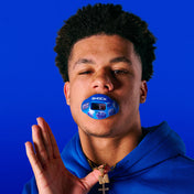 Youth Athlete Wearing Jolly Rancher Max AirFlow Football Mouthguard (Blue Raspberry Flavor)