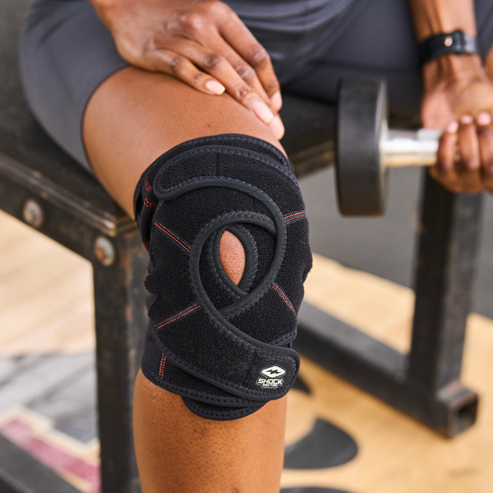 Detail View of Athlete Wearing Shock Doctor Quick-On™ Knee Support with Versatile Over Wrap System™