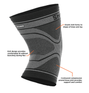 Shock Doctor Compression Knit Knee Sleeve Features: 1) Elastic Knit forms to shape of knee and leg 2) Knit design provides comfortable fit without bunching during flex 3) Contoured compression around knee join provides support and comfort
