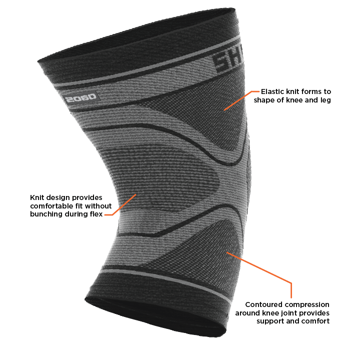 Shock Doctor Compression Knit Knee Sleeve Features: 1) Elastic Knit forms to shape of knee and leg 2) Knit design provides comfortable fit without bunching during flex 3) Contoured compression around knee join provides support and comfort