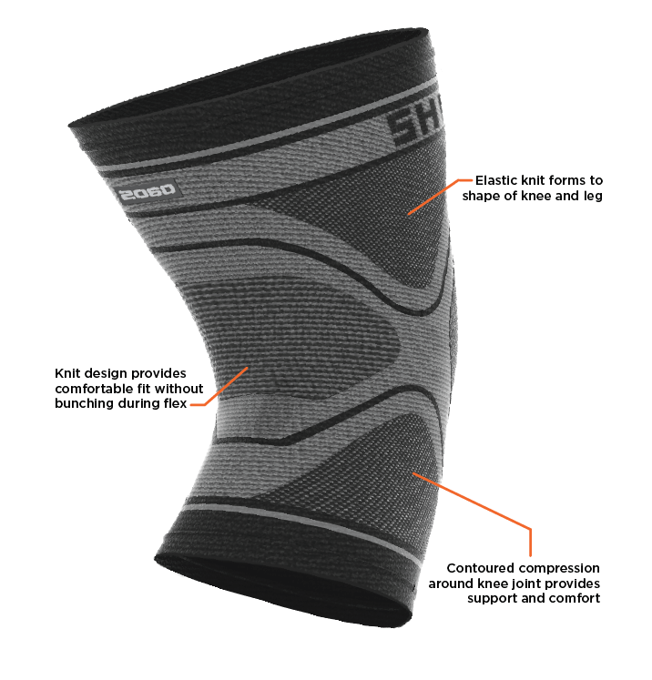 Shock Doctor Compression Knit Knee Sleeve Features: 1) Elastic Knit forms to shape of knee and leg 2) Knit design provides comfortable fit without bunching during flex 3) Contoured compression around knee join provides support and comfort