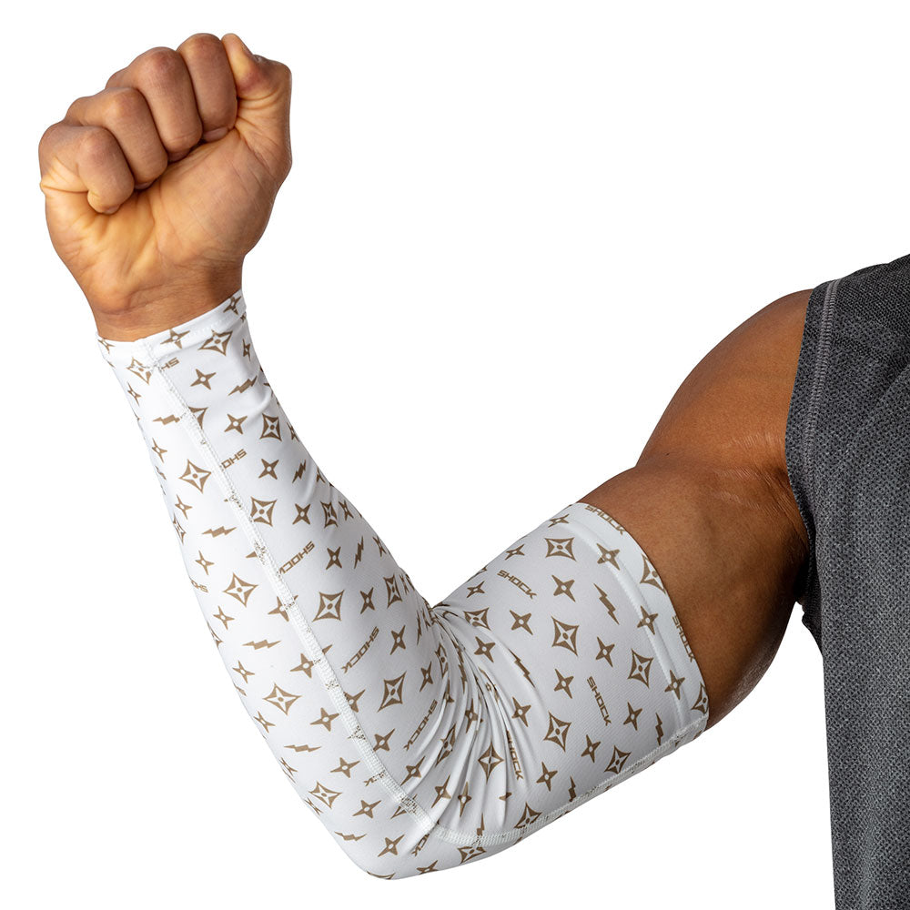 Gold Lux Showtime Compression Arm Sleeve - On Model - Inner Arm Detail View