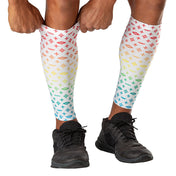 Shock Doctor White/Multi Color Lux Showtime Compression Calf Sleeves - Model Pulling Sleeve Over Calf/Shin
