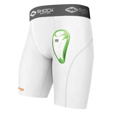 Shock Doctor Core Compression Short with Green Bio-Flex Cup - White - Pee Wee Size