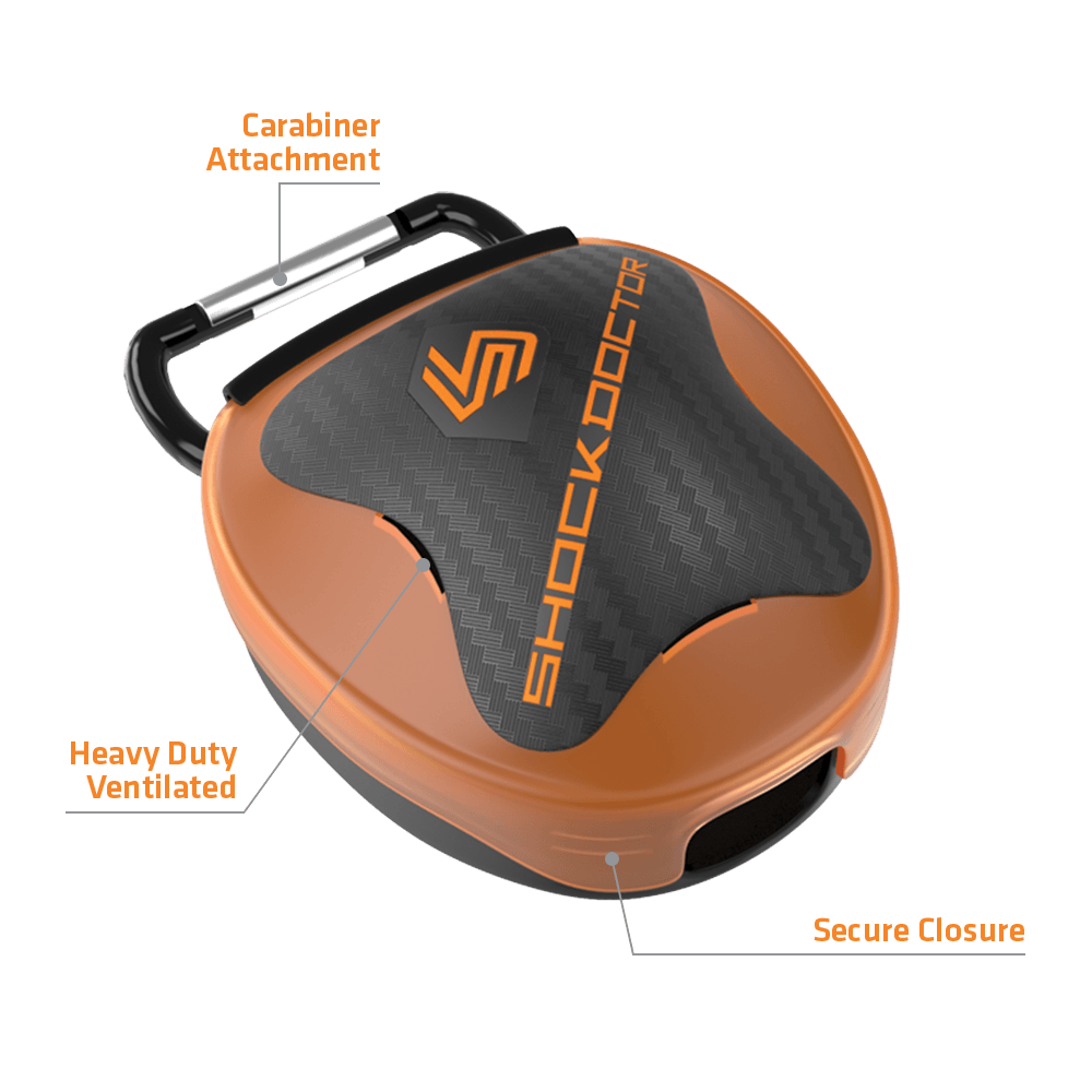 Shock Doctor Orange Mouthguard Case Tech Specs 1) Carabiner Attachment 2) Heavy Duty Ventilated 3) Secure closure