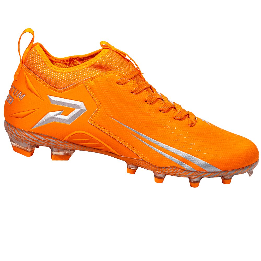 Phenom Elite Quantum Speed 2.0 football cleat in orange, side profile with silver P logo, speed stripes, and molded studs