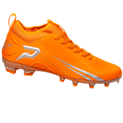 Phenom Elite Quantum Speed 2.0 football cleat in orange, side profile with silver P logo, speed stripes, and molded studs