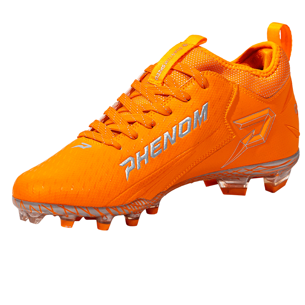Phenom Elite Quantum Speed 2.0 football cleat in orange, angled view of the PHENOM lettering, lace-up front, and heel pull tab
