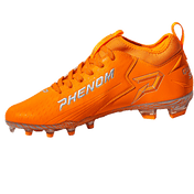 Phenom Elite Quantum Speed 2.0 cleat in orange, inside view with silver PHENOM lettering, outlined P logo, and clear studs