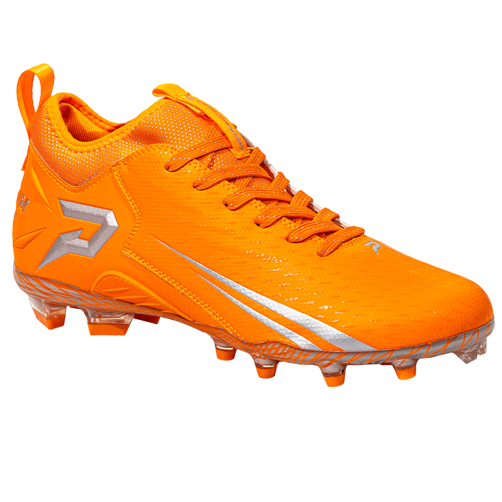 Phenom Elite Quantum Speed 2.0 football cleat in orange, front three-quarter view of the toe, laces, and silver P logo on the heel