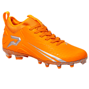 Phenom Elite Quantum Speed 2.0 football cleat in orange, front three-quarter view of the toe, laces, and silver P logo on the heel