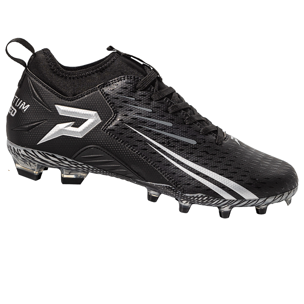 Phenom Elite Quantum Speed 2.0 football cleat in black, side profile with white P logo, speed stripes, and molded studs
