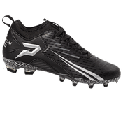 Phenom Elite Quantum Speed 2.0 football cleat in black, side profile with white P logo, speed stripes, and molded studs