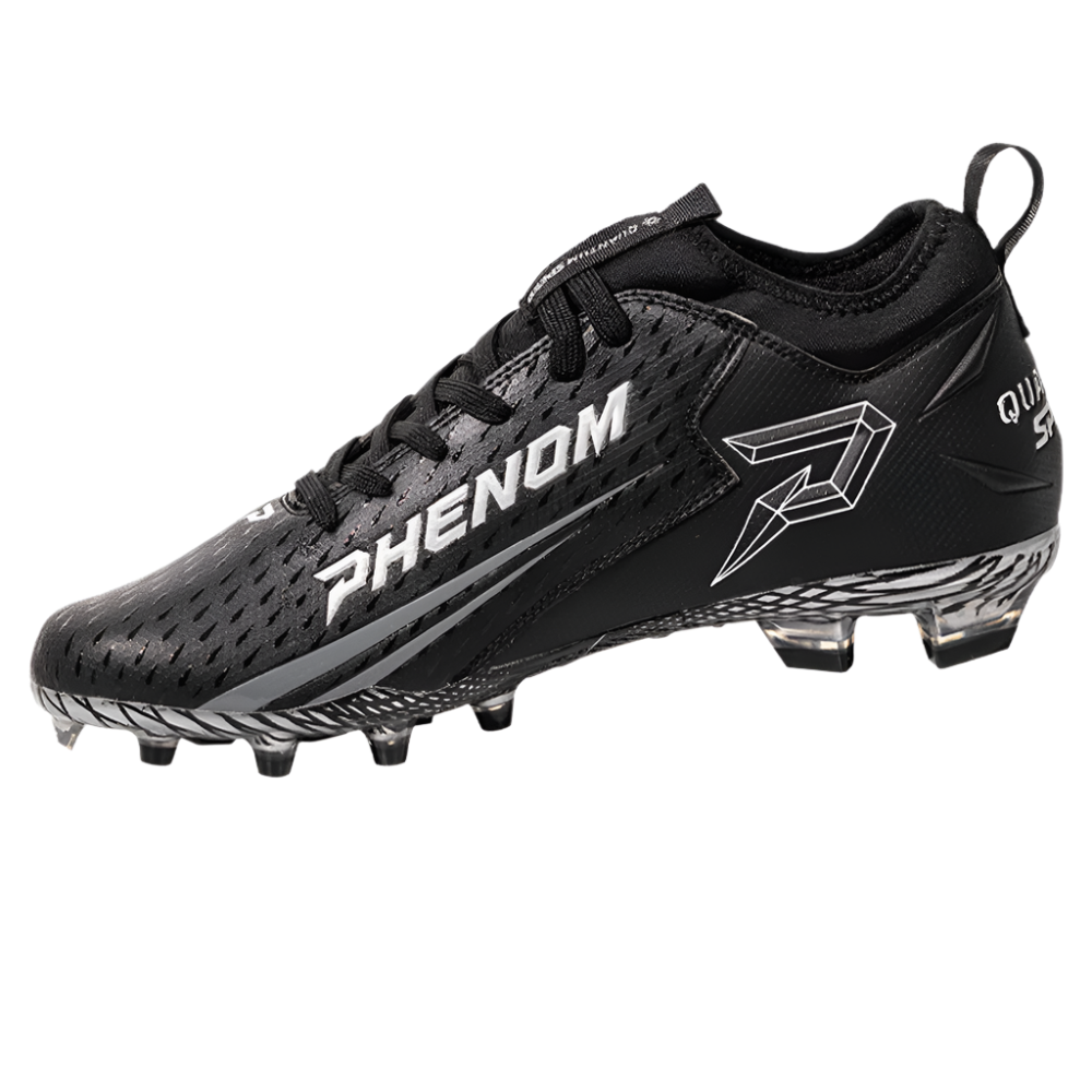 Phenom Elite Quantum Speed 2.0 cleat in black, inside view with white PHENOM lettering, outlined P logo, and clear studs