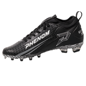 Phenom Elite Quantum Speed 2.0 cleat in black, inside view with white PHENOM lettering, outlined P logo, and clear studs
