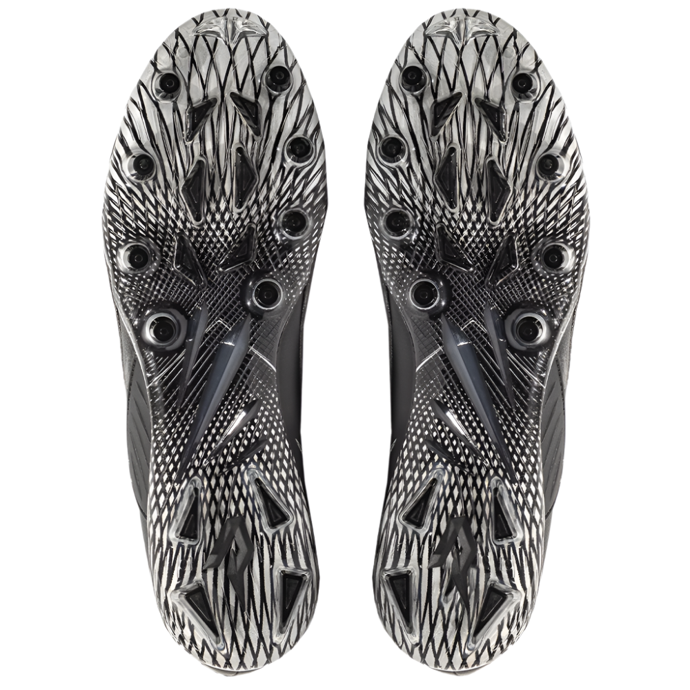 Phenom Elite Quantum Speed 2.0 football cleats in black, bottom view of the TPU traction plate and multidirectional stud pattern