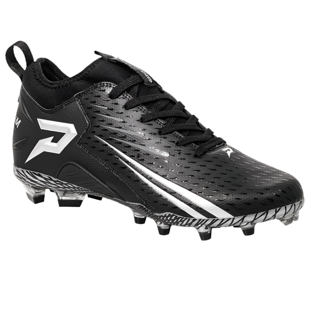 Phenom Elite Quantum Speed 2.0 football cleat in black, front three-quarter view of the toe, laces, and white P logo on the heel
