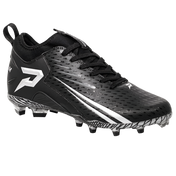 Phenom Elite Quantum Speed 2.0 football cleat in black, front three-quarter view of the toe, laces, and white P logo on the heel
