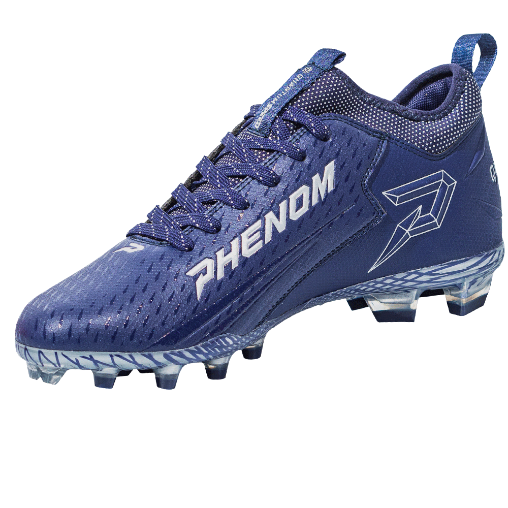 Phenom Elite Quantum Speed 2.0 football cleat in navy blue, angled view of the PHENOM lettering, lace-up front, and heel pull tab
