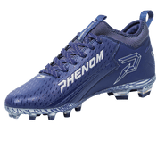 Phenom Elite Quantum Speed 2.0 football cleat in navy blue, angled view of the PHENOM lettering, lace-up front, and heel pull tab