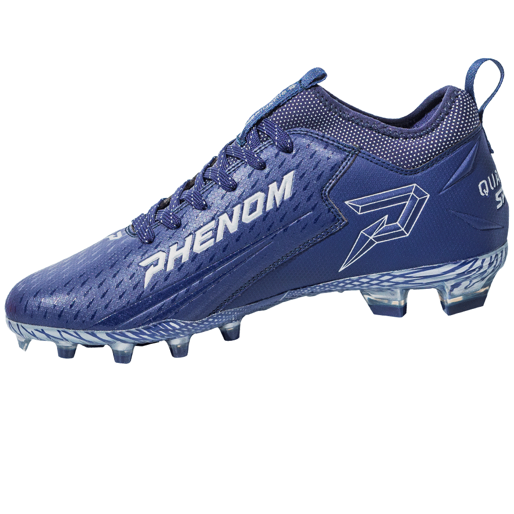 Phenom Elite Quantum Speed 2.0 cleat in navy blue, inside view with white PHENOM lettering, outlined P logo, and clear studs