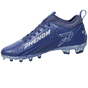 Phenom Elite Quantum Speed 2.0 cleat in navy blue, inside view with white PHENOM lettering, outlined P logo, and clear studs