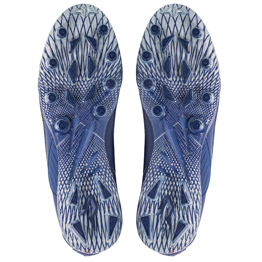 Phenom Elite Quantum Speed 2.0 football cleats in navy blue, bottom view of the TPU traction plate and multidirectional stud pattern