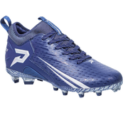 Phenom Elite Quantum Speed 2.0 football cleat in navy blue, front three-quarter view of the toe, laces, and white P logo on the heel