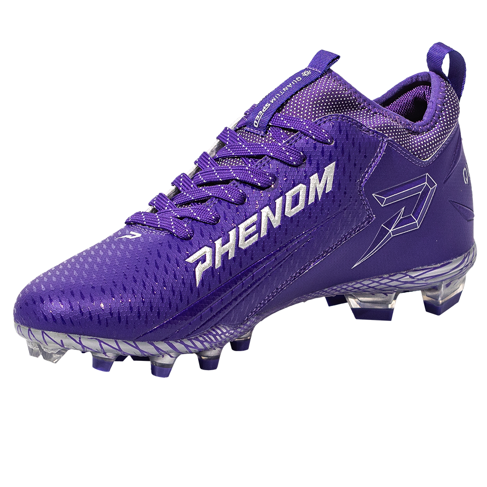 Phenom Elite Quantum Speed 2.0 football cleat in purple, angled view of the PHENOM lettering, lace-up front, and heel pull tab